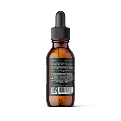 Amber dropper bottle showing back label with warning text, QR code and barcode