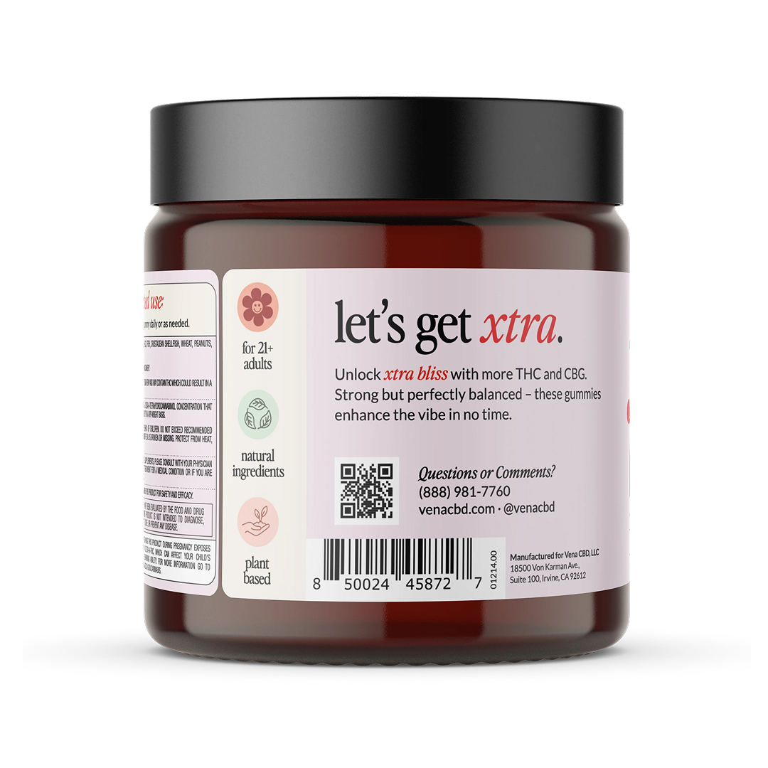 Front view of Vena Xtra Bliss gummy jar showcasing label headline lets get xtra and text about THC and CBG on black background