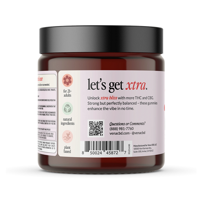 Front view of Vena Xtra Bliss gummy jar showcasing label headline lets get xtra and text about THC and CBG on black background