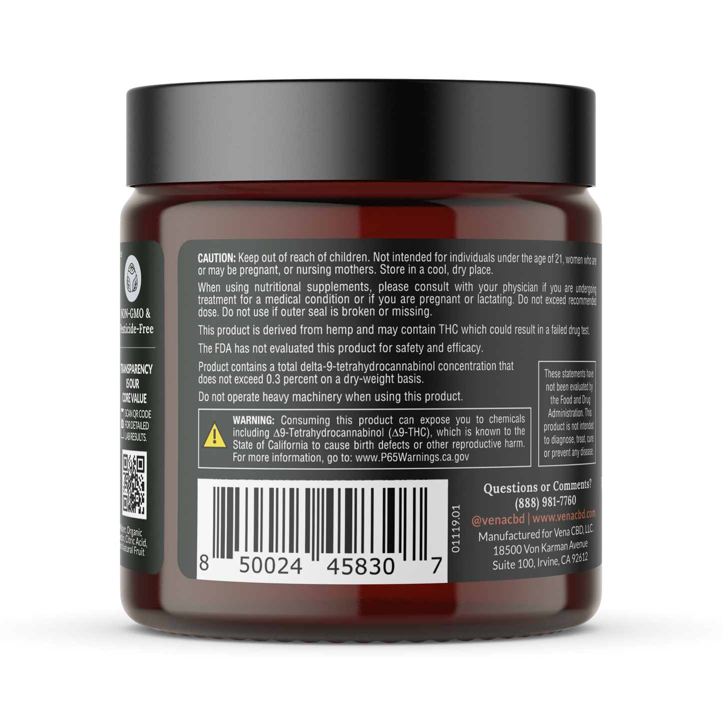 Close-up of back label of Full Spectrum CBD Bites jar with California delta-9 THC warning, barcode and QR code, black lid