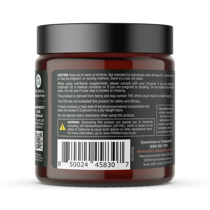 Close-up of back label of Full Spectrum CBD Bites jar with California delta-9 THC warning, barcode and QR code, black lid