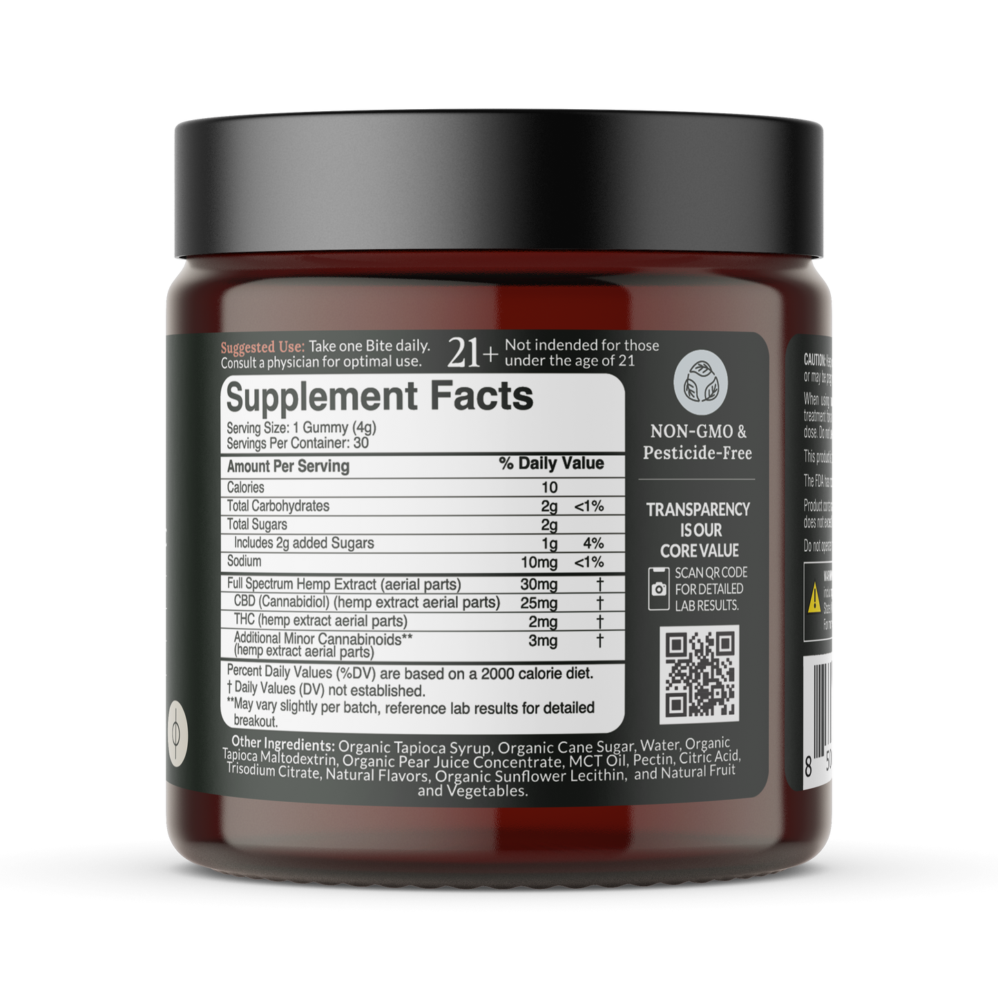 Close-up of Full Spectrum CBD Bites jar front showing Supplement Facts with 25 mg CBD and 2 mg THC per gummy and a QR code