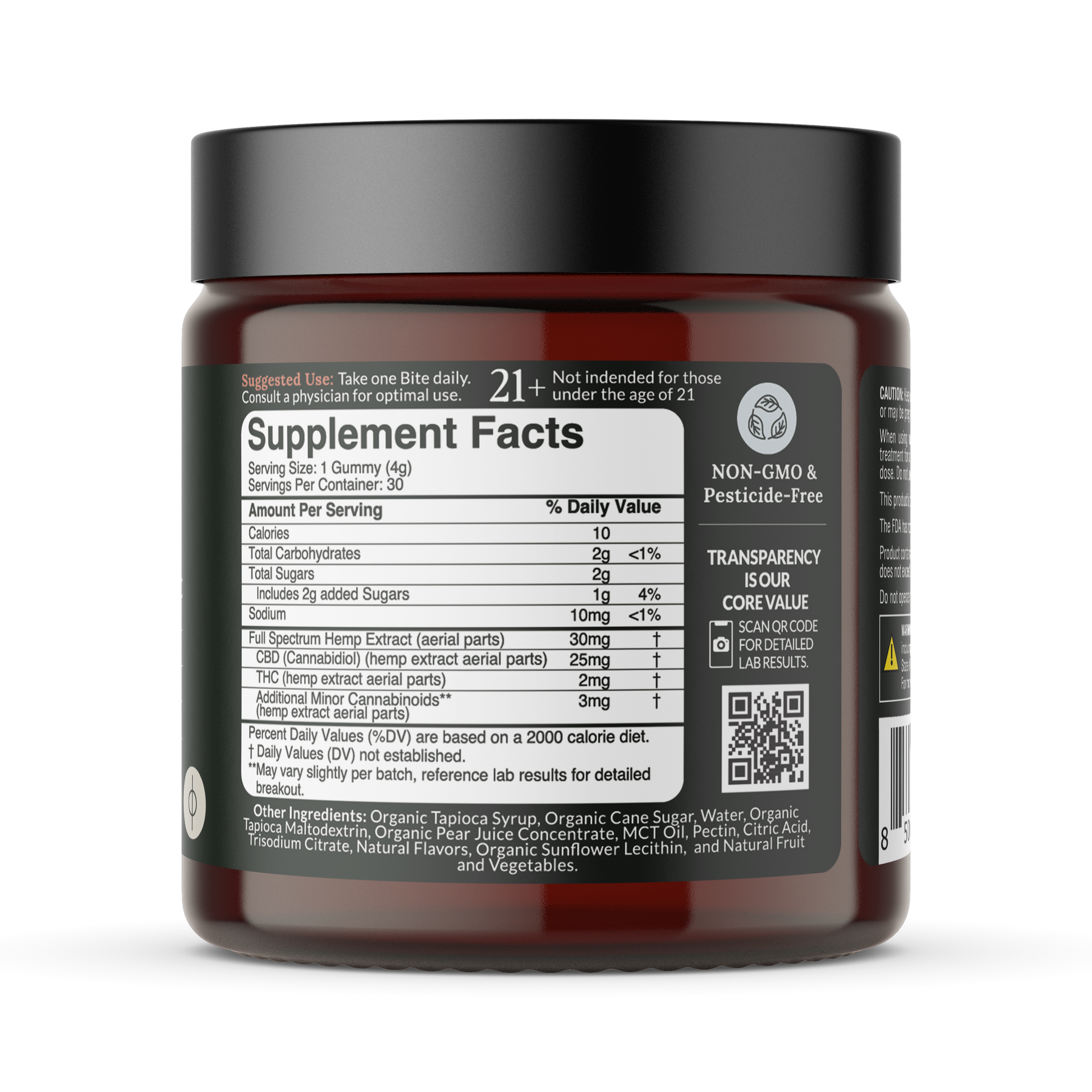 Close-up of Full Spectrum CBD Bites jar front showing Supplement Facts with 25 mg CBD and 2 mg THC per gummy and a QR code