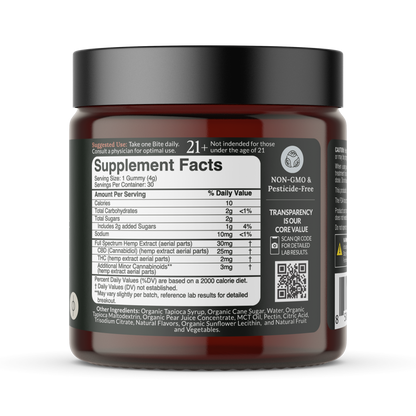 Close-up of Full Spectrum CBD Bites jar front showing Supplement Facts with 25 mg CBD and 2 mg THC per gummy and a QR code