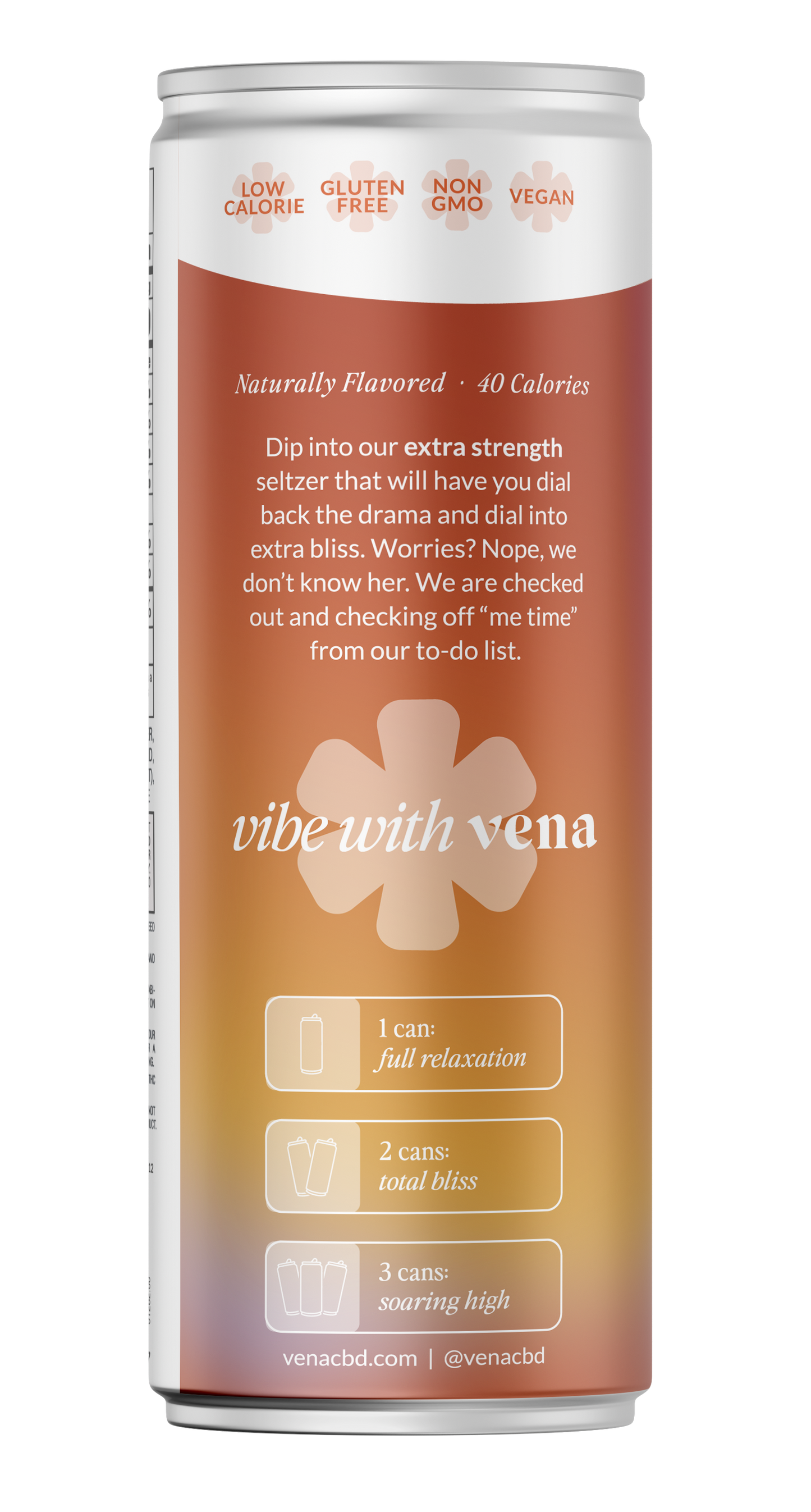 Back label of Vena seltzer can: 'vibe with vena' with badges Low Calorie, Gluten Free, Non GMO, Vegan and serving notes for 1–3 cans.