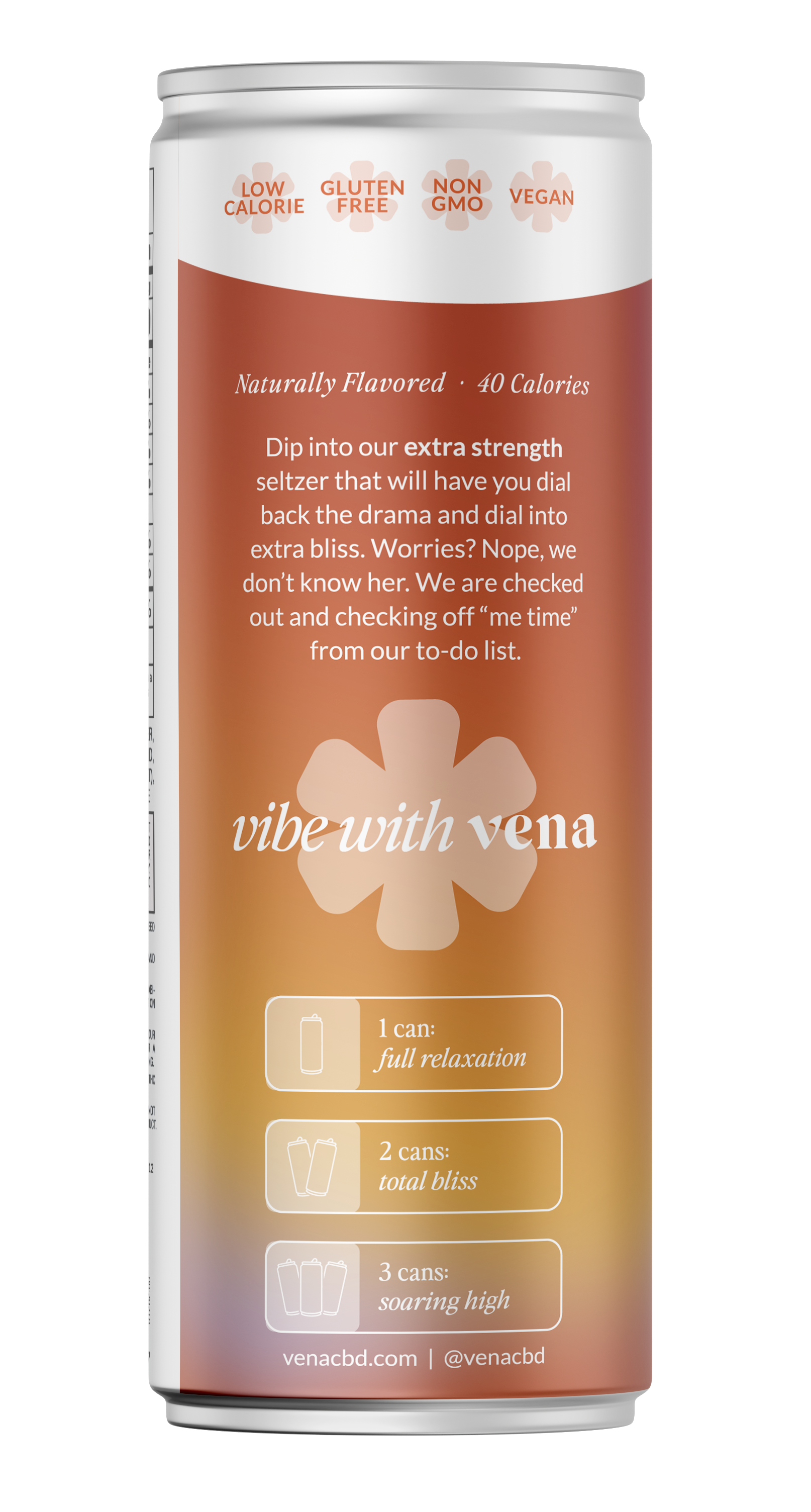 Back label of Vena seltzer can: 'vibe with vena' with badges Low Calorie, Gluten Free, Non GMO, Vegan and serving notes for 1–3 cans.