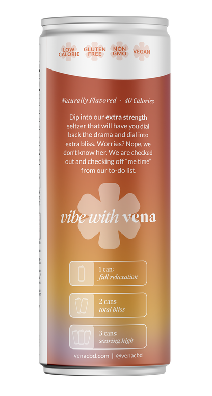 Back label of Vena seltzer can: 'vibe with vena' with badges Low Calorie, Gluten Free, Non GMO, Vegan and serving notes for 1–3 cans.