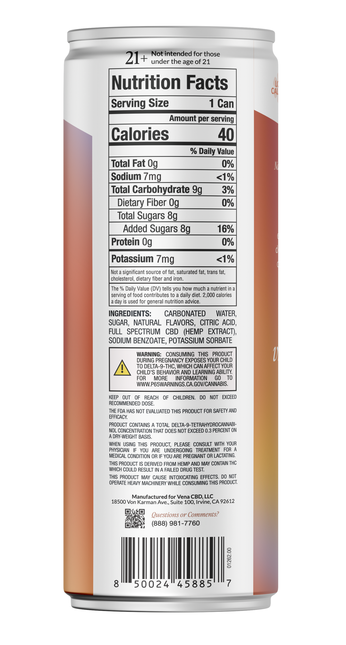 Rear of Blood Orange THC Seltzer can showing Nutrition Facts panel with Serving Size 1 Can and Calories 40