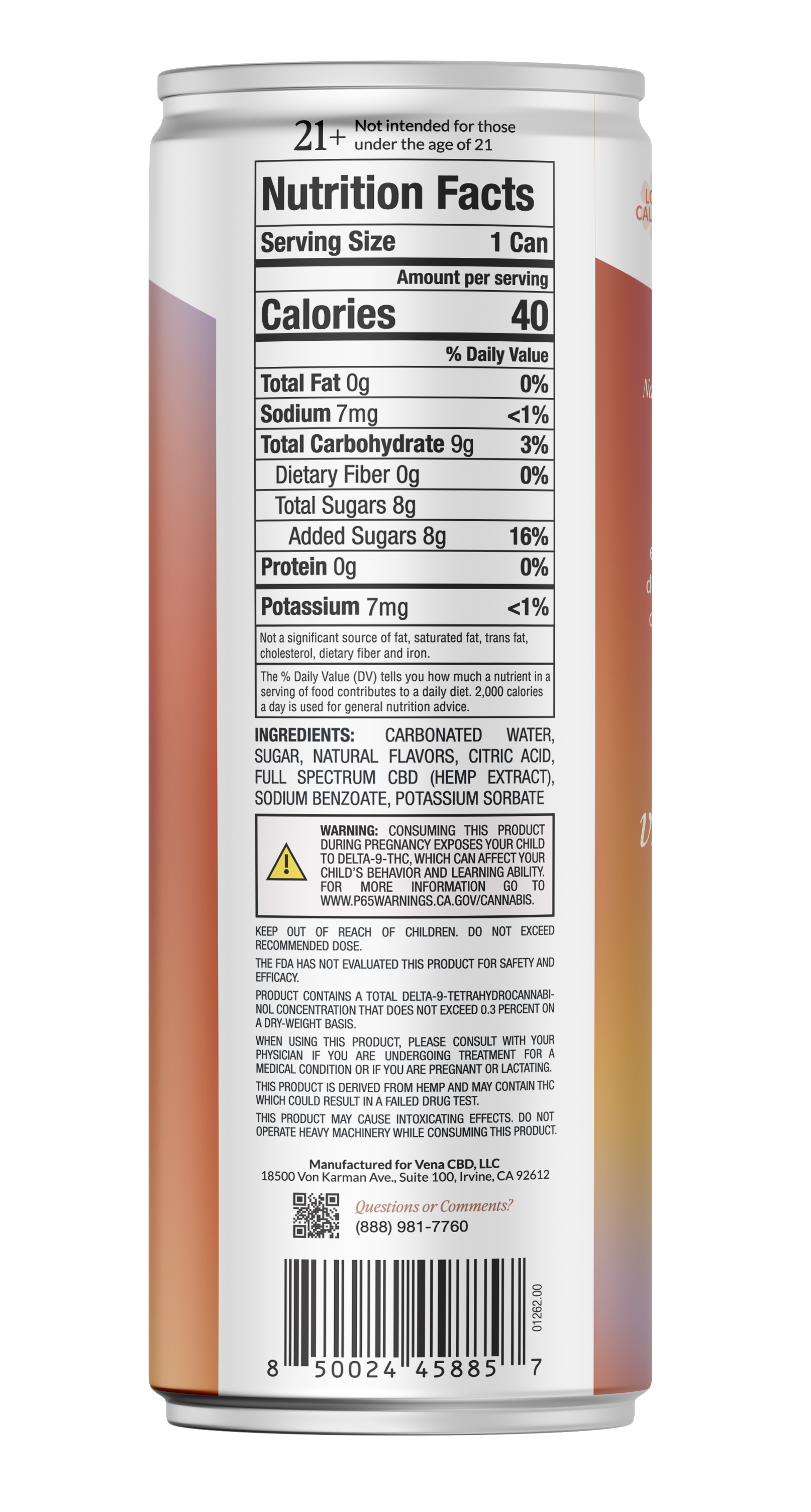 Rear of Blood Orange THC Seltzer can showing Nutrition Facts panel with Serving Size 1 Can and Calories 40