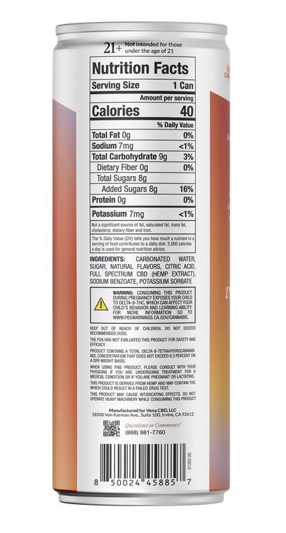 Rear of Blood Orange THC Seltzer can showing Nutrition Facts panel with Serving Size 1 Can and Calories 40