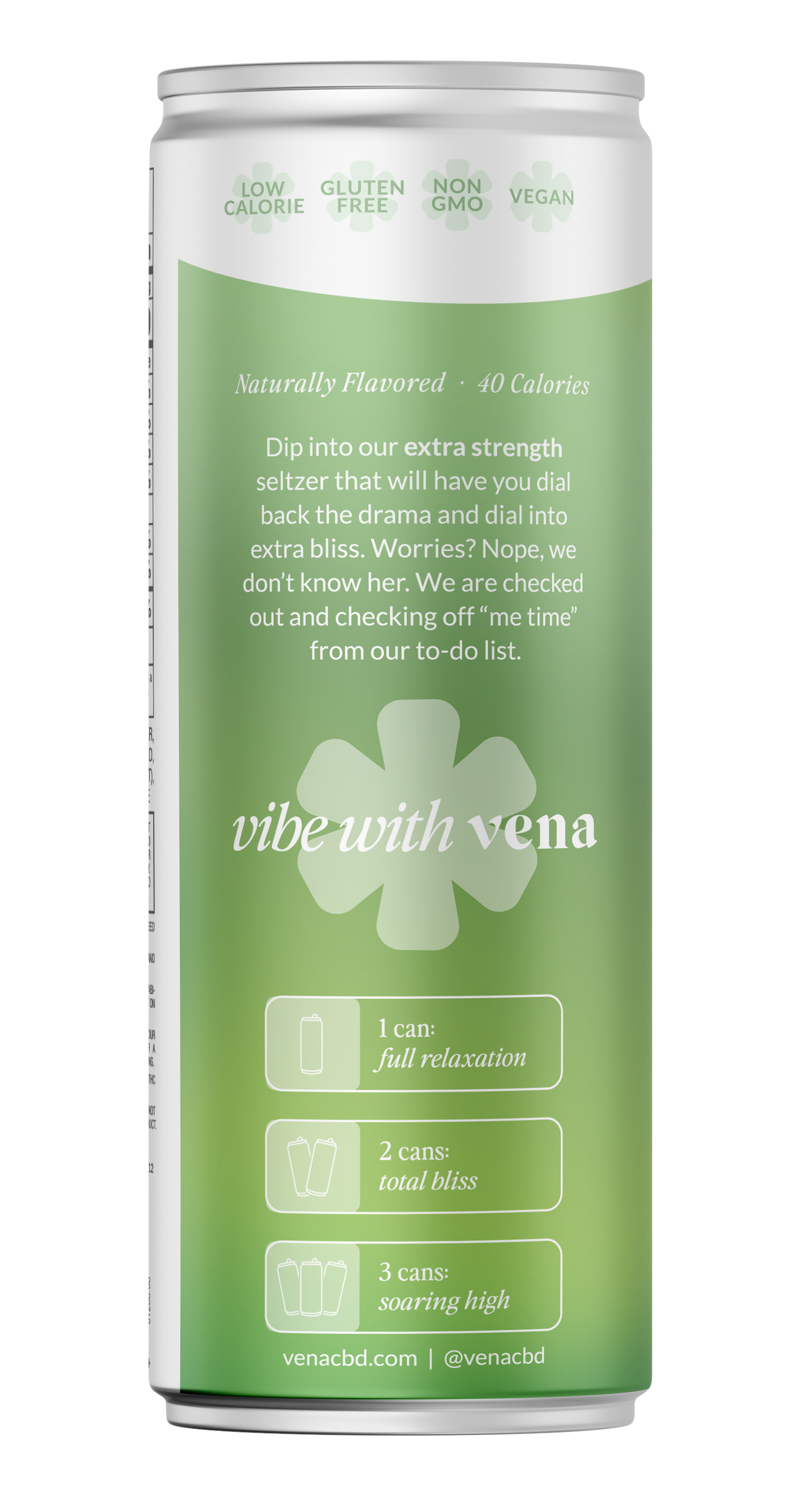 Back label of green Vena CBD extra-strength seltzer can showing badges (Low Calorie, Gluten Free, Non GMO, Vegan), 'vibe with vena', dosing guide, venacbd.com