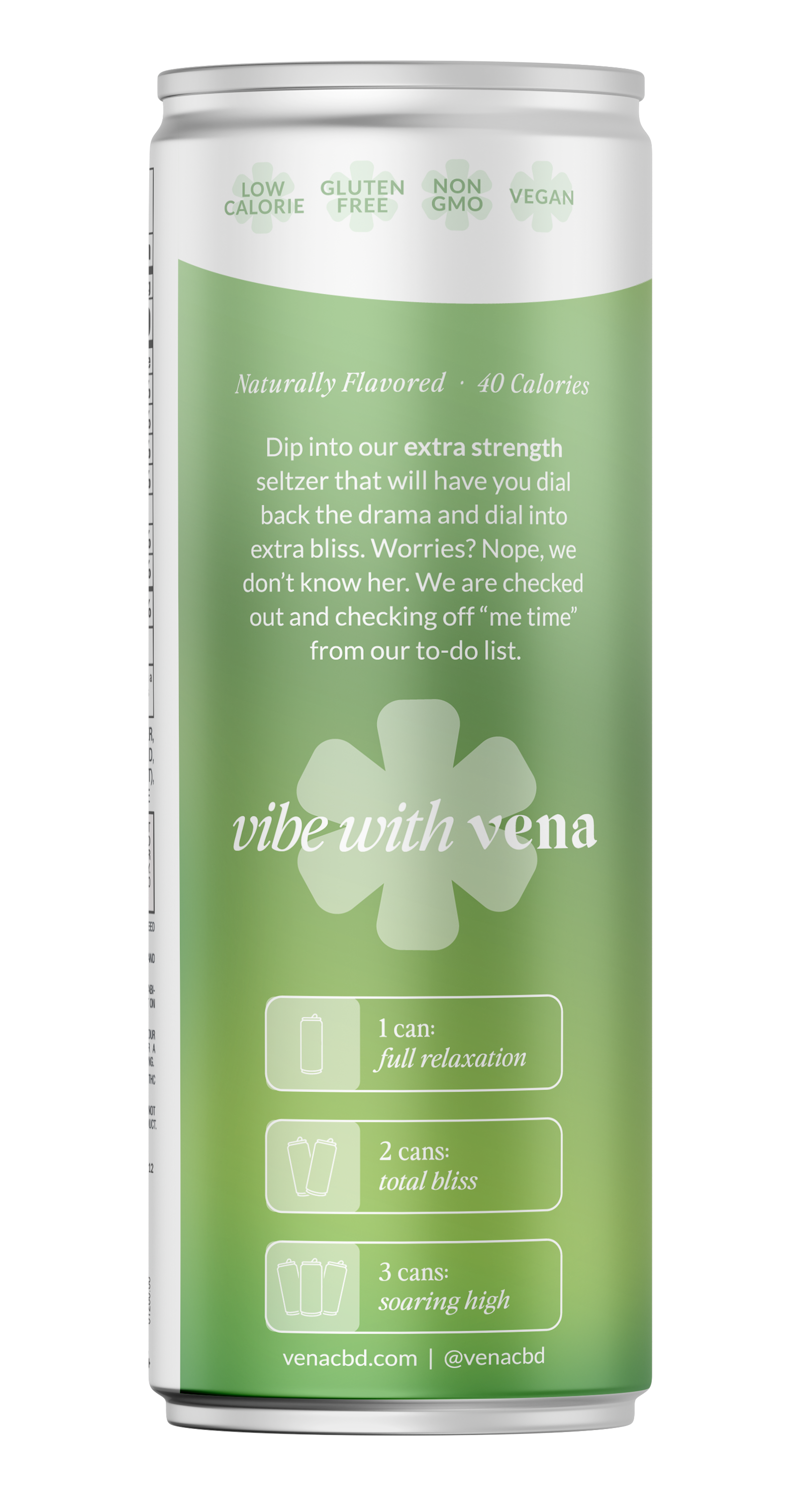 Back label of green Vena CBD extra-strength seltzer can showing badges (Low Calorie, Gluten Free, Non GMO, Vegan), 'vibe with vena', dosing guide, venacbd.com