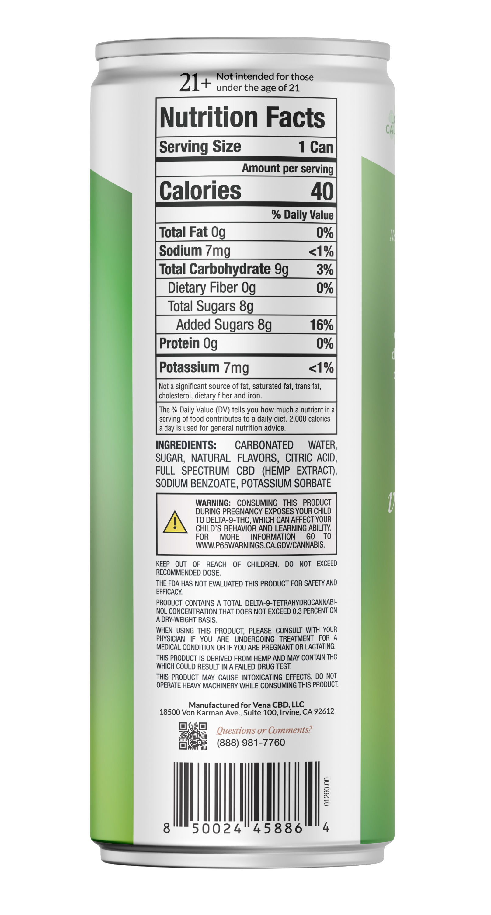 Nutrition Facts label on Vena CBD can — Serving Size 1 Can; Calories 40; Ingredients include carbonated water, sugar, full spectrum CBD.