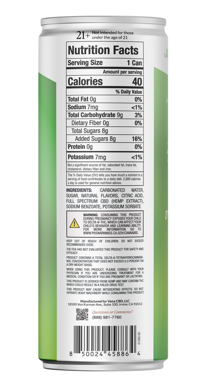 Nutrition Facts label on Vena CBD can — Serving Size 1 Can; Calories 40; Ingredients include carbonated water, sugar, full spectrum CBD.