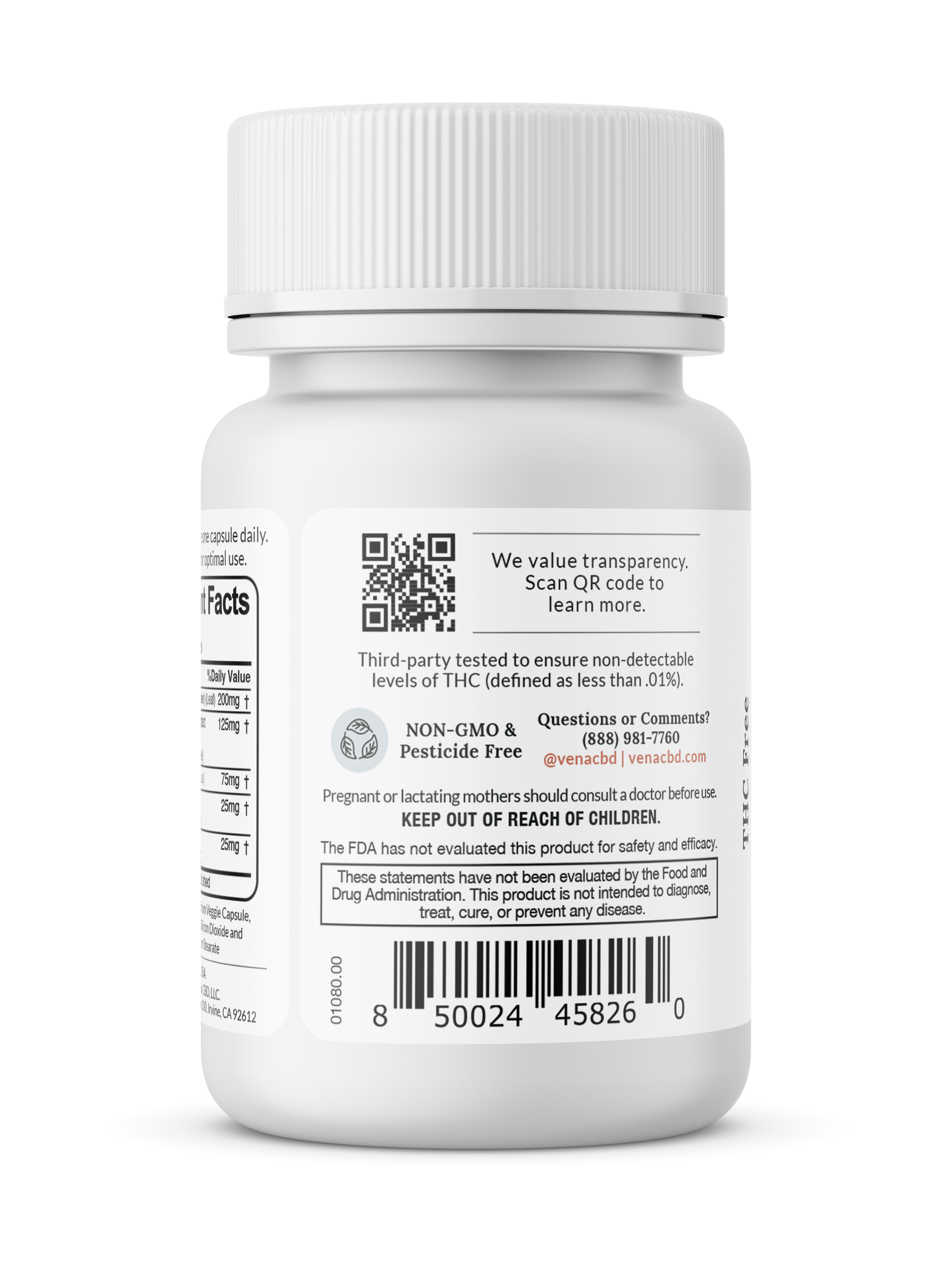 Close-up rear view of Rise & Shine Energy CBD Capsules bottle showing QR code, NON-GMO & Pesticide Free badge, keep out of reach of children warning, and barcode