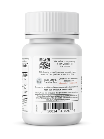 Close-up rear view of Rise & Shine Energy CBD Capsules bottle showing QR code, NON-GMO & Pesticide Free badge, keep out of reach of children warning, and barcode