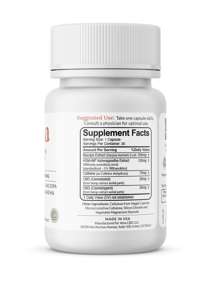 White supplement bottle back label showing 'Supplement Facts' panel and ingredients list including CBD 25mg and CBG 25mg.