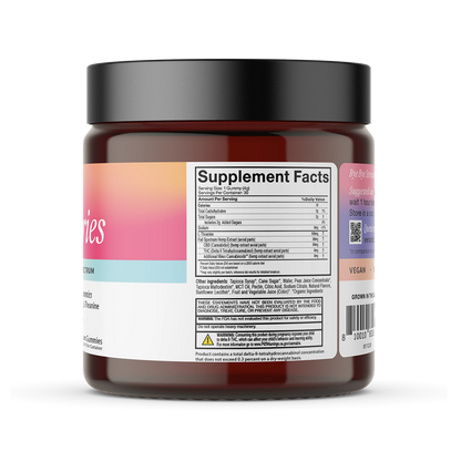 Rear view of Vena No Worries gummy jar showing Supplement Facts panel and ingredient list with vegan label on white background
