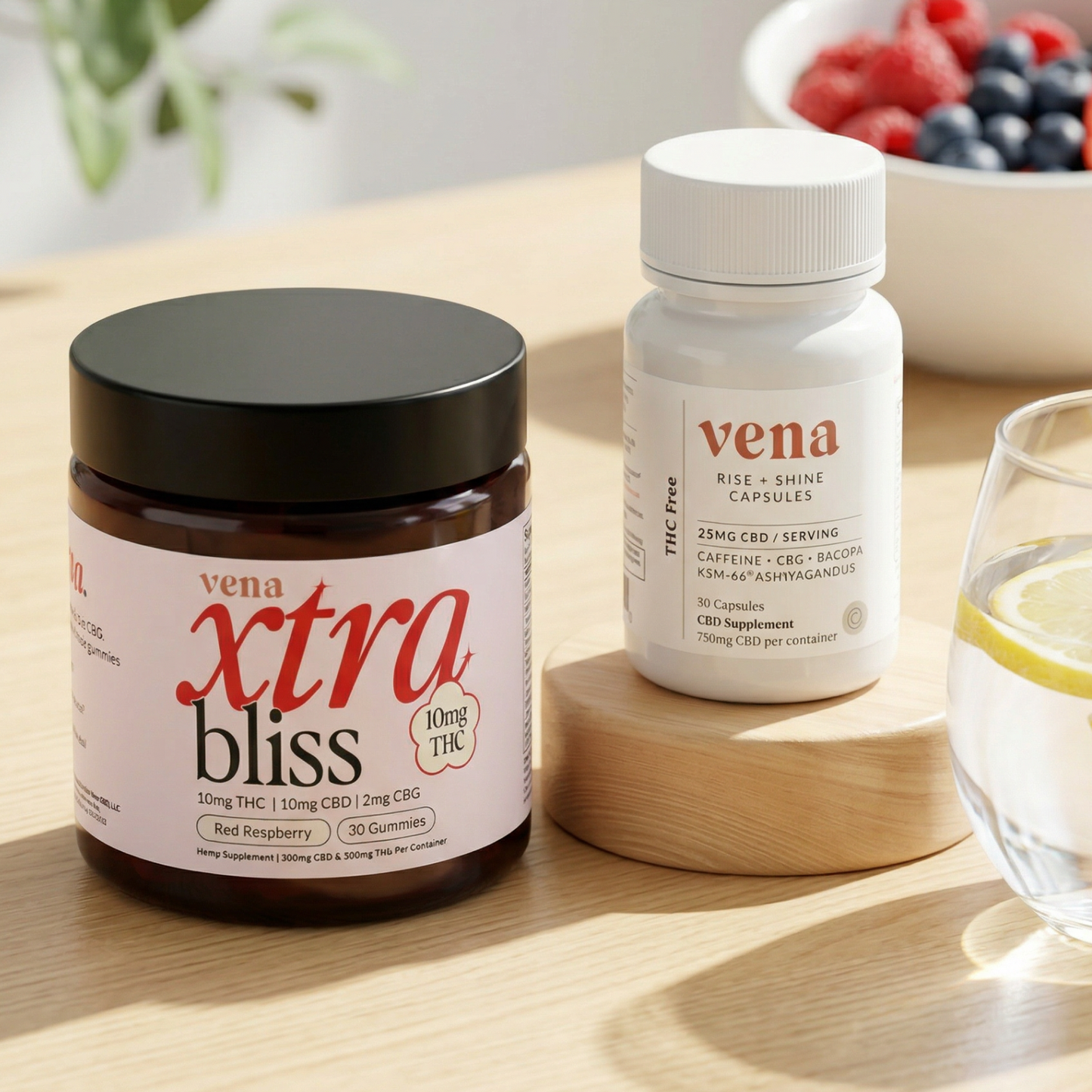 Front view of Xtra Bliss jar (10mg THC) and Vena Rise + Shine capsule bottle on a wooden table