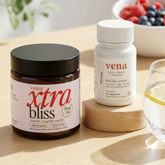 Front view of Xtra Bliss jar (10mg THC) and Vena Rise + Shine capsule bottle on a wooden table