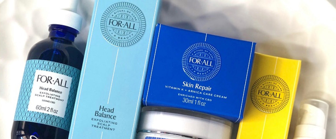 FOR-ALL skincare boxes and jar: Head Balance exfoliating scalp treatment and Skin Repair cream