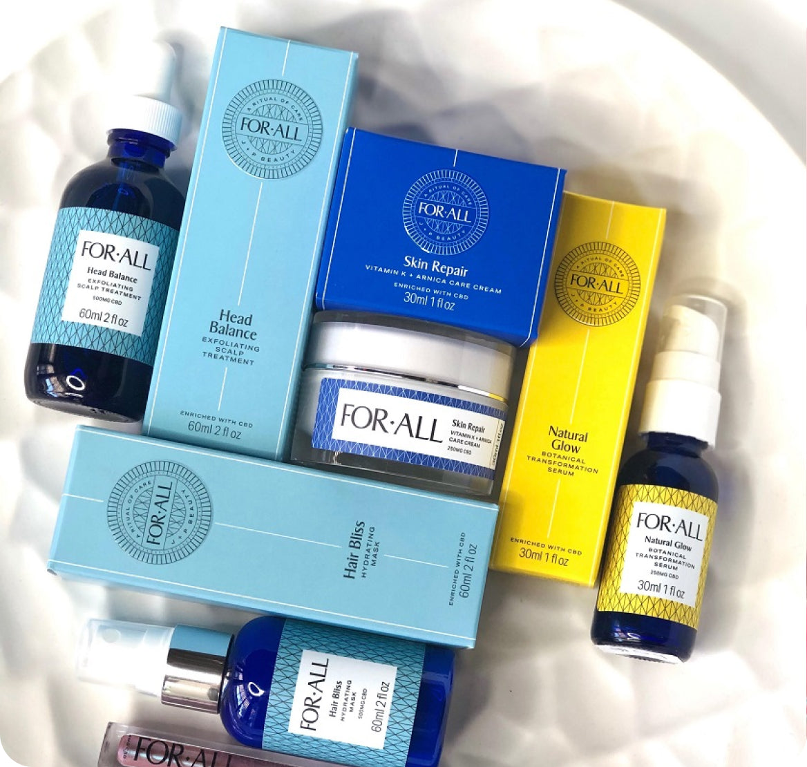 Flat-lay of FOR·ALL skincare: Head Balance, Skin Repair, Hair Bliss, Natural Glow in blue/yellow packaging on white.