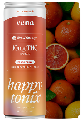 Front view of Blood Orange Happy Tonix can showing 10mg THC 5mg CBD label with sliced blood oranges background