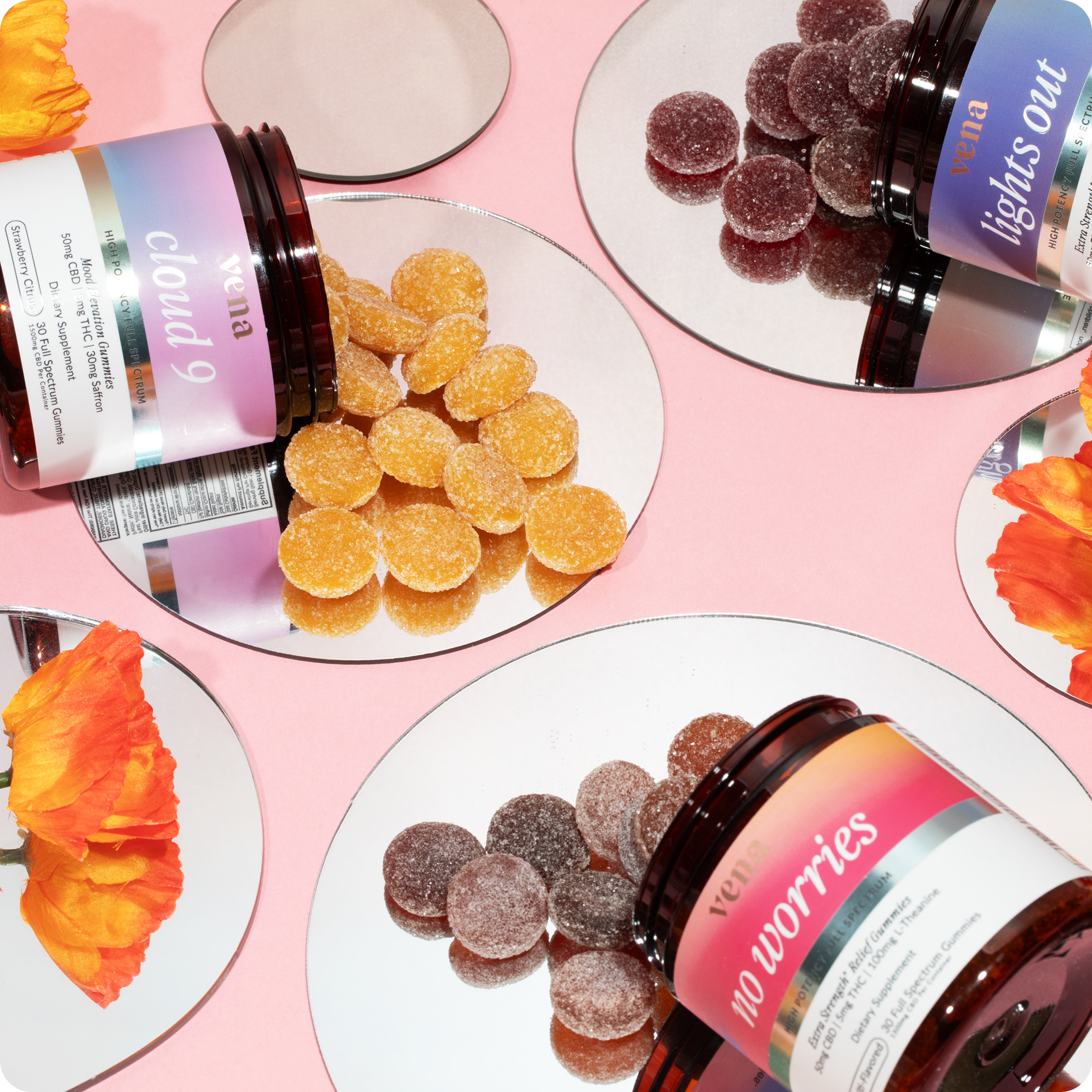 Three jars of sugar-coated gummies on round mirrors, labeled: 'vena cloud 9', 'vena lights out', 'vena no worries'.