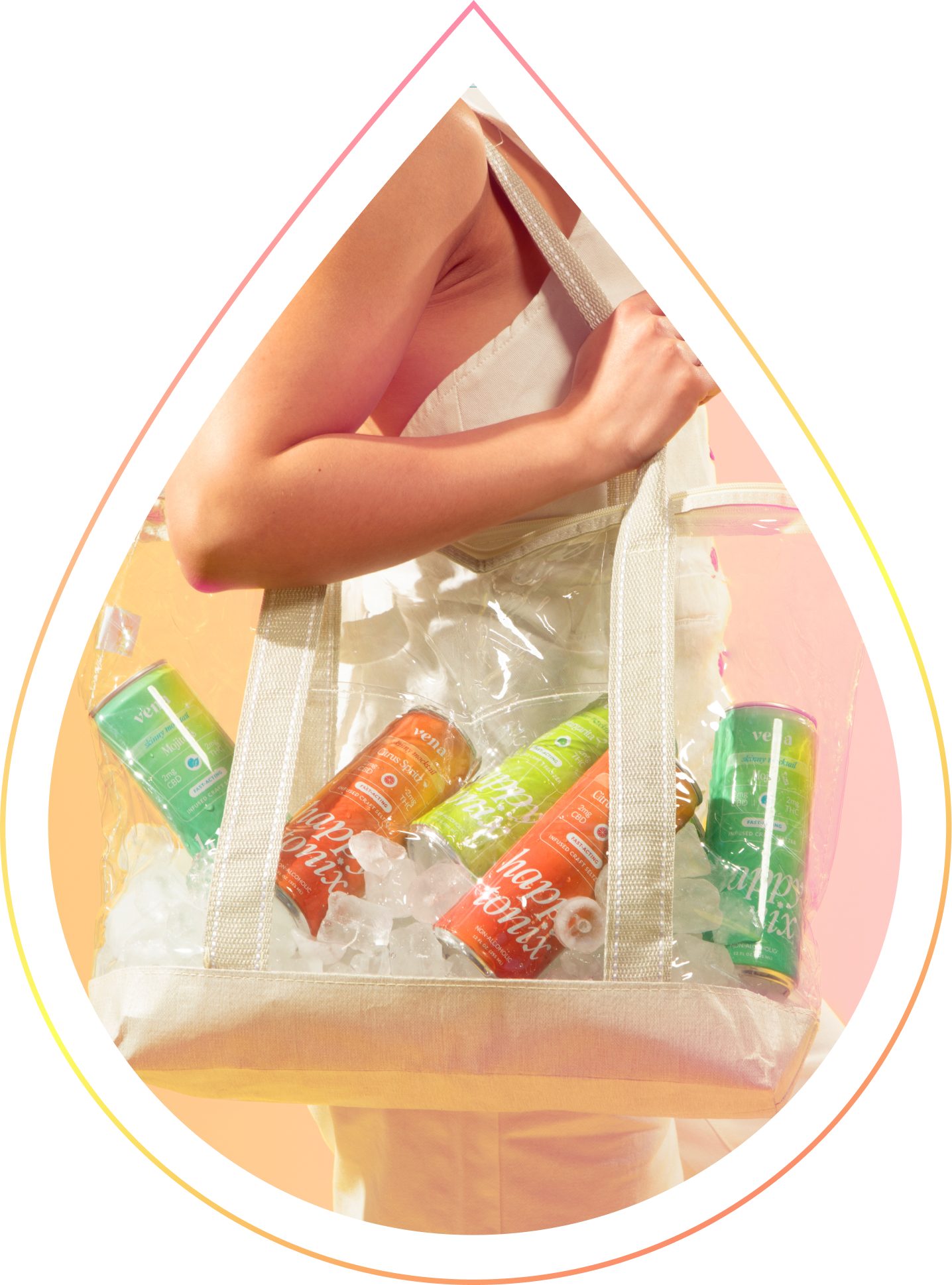 Person holding a clear tote of Happy Tonix seltzer cans on ice, showing Citrus Spritz and green varieties against a warm peach background