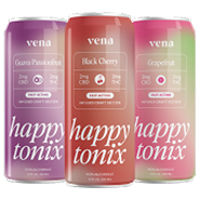 Three vena cans labeled 'Guava Passionfruit', 'Black Cherry', 'Grapefruit' with large 'happy tonix' text and '2mg CBD 0 THC'.