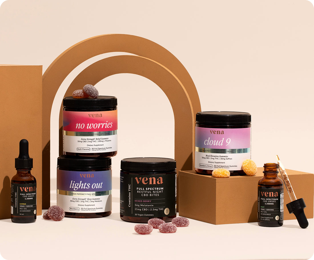 Vena products: no worries, lights out, cloud 9, restful night CBD bites, and CBD drops.