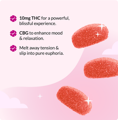 10mg THC for a powerful, blissful experience. CBG to enhance mood & relaxation. Melt away tension & slip into pure euphoria.