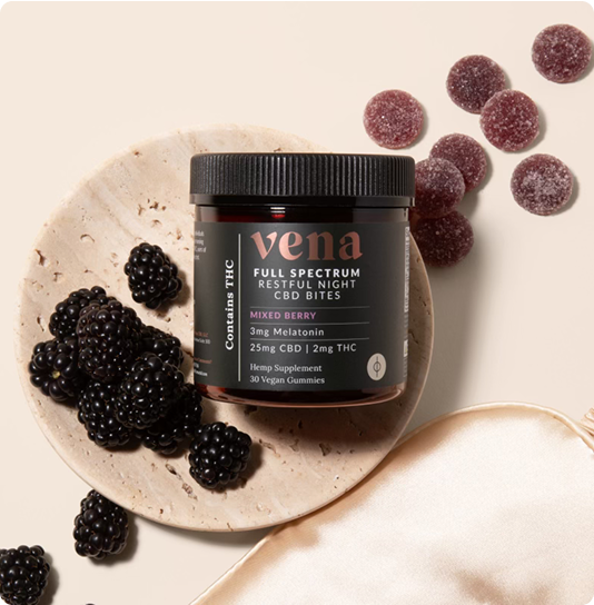 vena FULL SPECTRUM RESTFUL NIGHT CBD BITES, MIXED BERRY; 3mg Melatonin; 25mg CBD | 2mg THC; 30 Vegan Gummies
