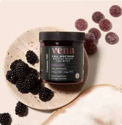 vena FULL SPECTRUM RESTFUL NIGHT CBD BITES, MIXED BERRY; 3mg Melatonin; 25mg CBD | 2mg THC; 30 Vegan Gummies