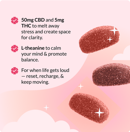 Image has 3 bullet points with the following text: 50mg CBD and 5mg THC to melt away stress and create space for clarity. L-theanine to calm your mind & promote balance. For when life gets loud - reset, recharge & keep moving