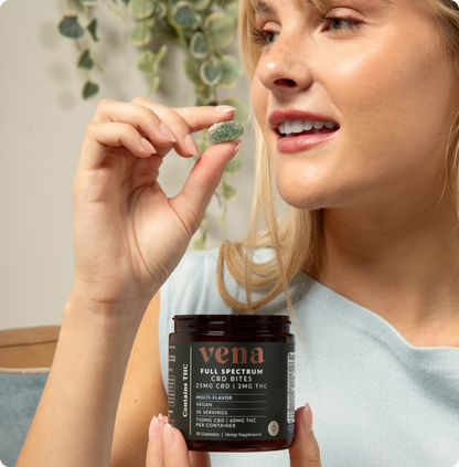 Woman holding green gummy; jar labeled 'vena FULL SPECTRUM CBD BITES 25MG CBD | 2.5MG THC MULTI-FLAVOR'