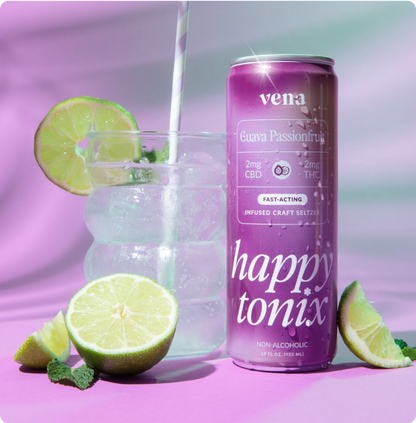 Can: vena Guava Passionfruit 2mg CBD 2mg THC FAST-ACTING INFUSED CRAFT SELTZER happy tonix NON-ALCOHOLIC 12 FL OZ. (355 ML)