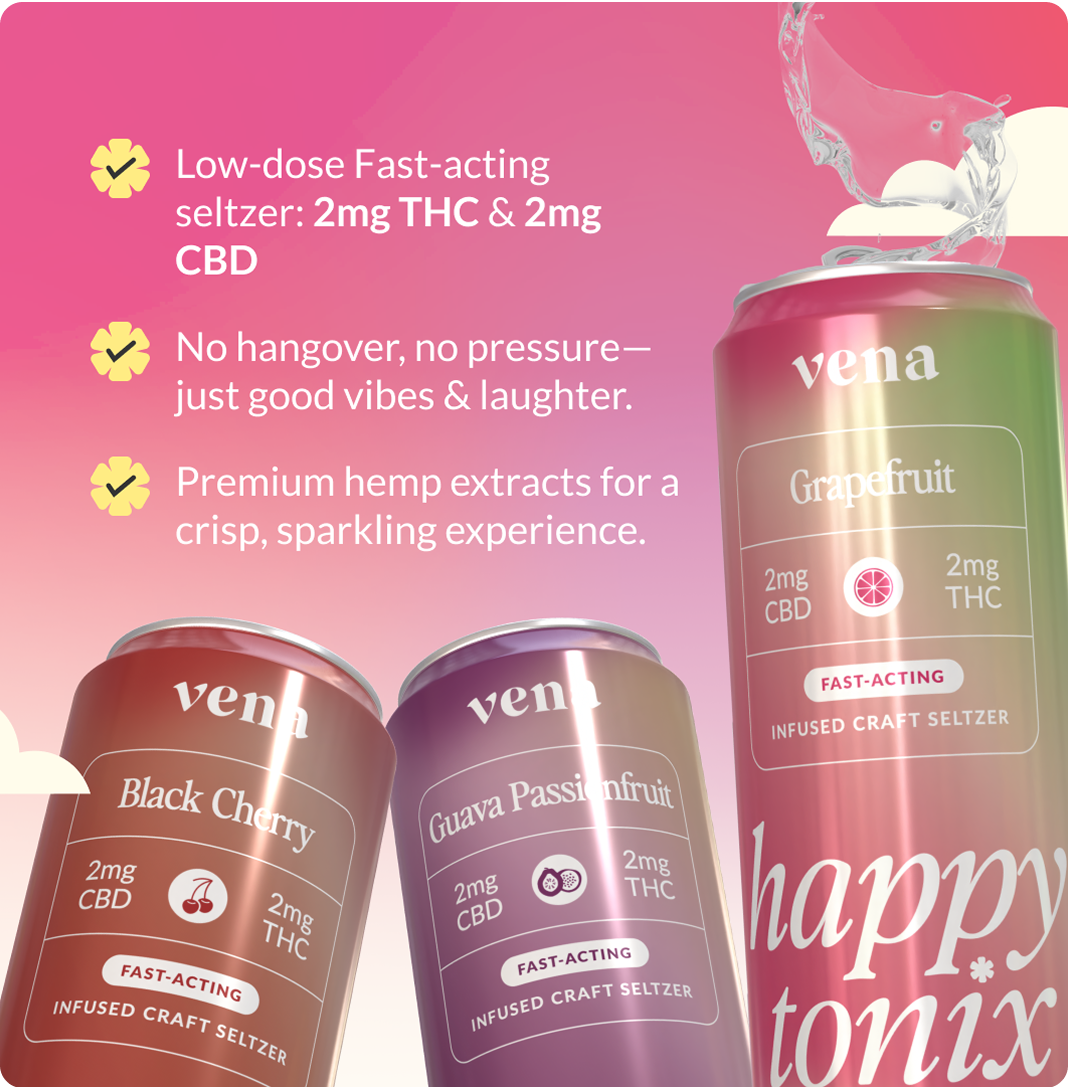 Three pink Vena seltzer cans (Grapefruit, Guava Passionfruit, Black Cherry) with splash and promotional bullets.