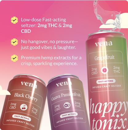 Three pink Vena seltzer cans (Grapefruit, Guava Passionfruit, Black Cherry) with splash and promotional bullets.