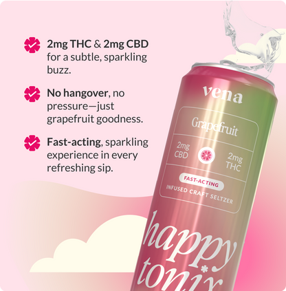 Promo image of tilted Vena Grapefruit can with callouts: 2mg THC & 2mg CBD for a subtle sparkle; no hangover; fast-acting