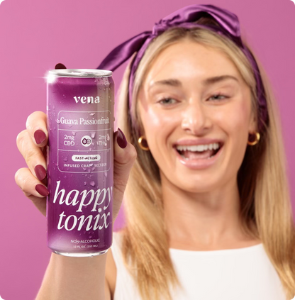 Close-up of a girl holding a can of Vena Happy Tonix THC Seltzers | Guava Passionfruit 2mg CBD | 2mg THC.