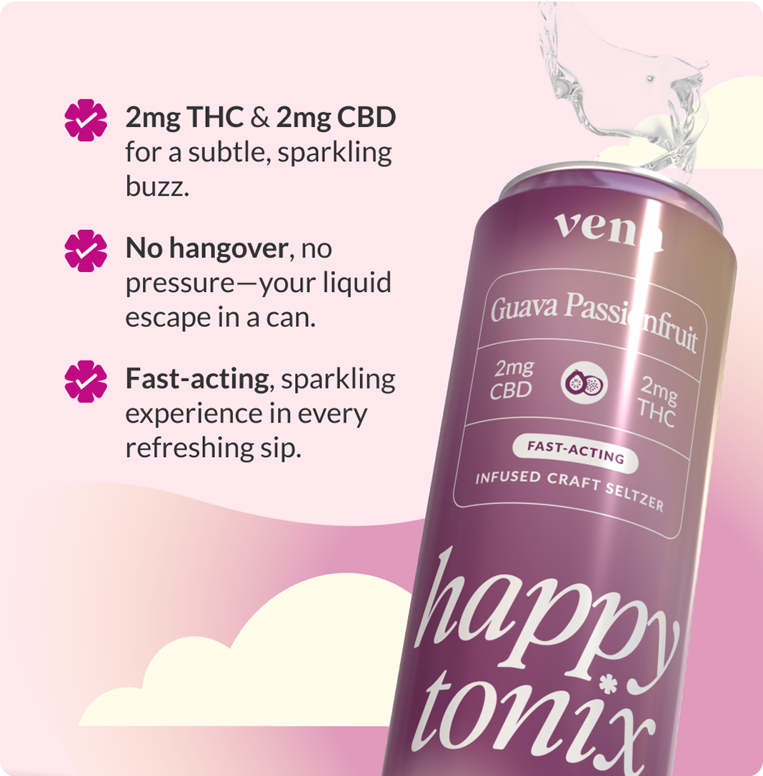 Can label: Guava Passionfruit; 2mg CBD 2mg THC; FAST-ACTING INFUSED CRAFT SELTZER; happy tonix; ven