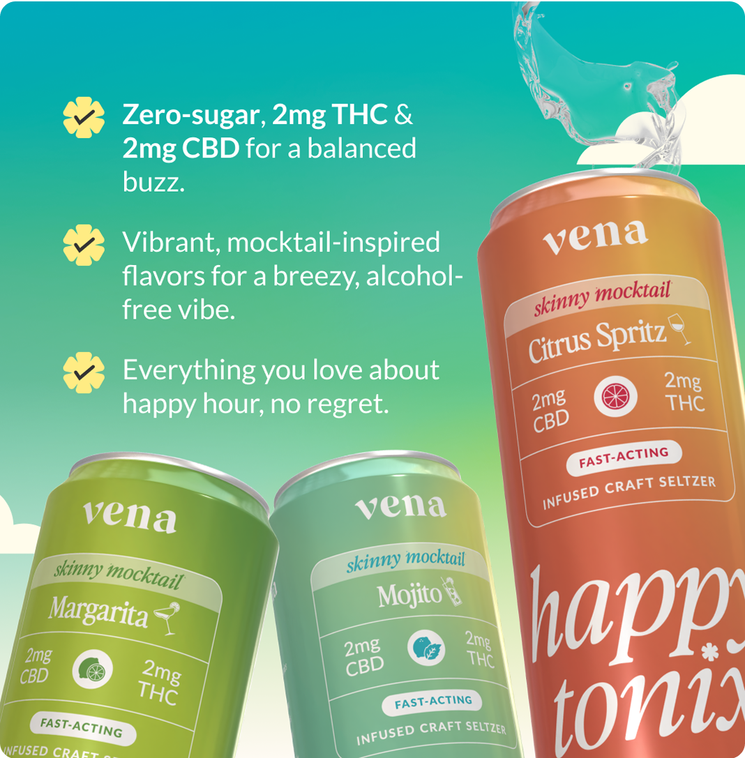 Three Vena "skinny mocktail" cans (Citrus Spritz, Mojito, Margarita) showing 2mg CBD and 2mg THC and zero-sugar claims.