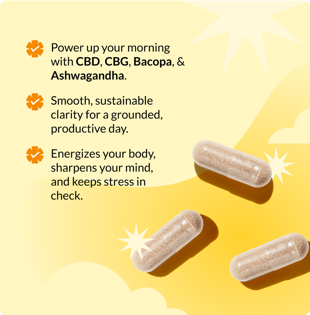 Promotional banner showing three Rise & Shine capsules and bullets listing CBD, CBG, Bacopa and Ashwagandha, stating the capsules energize the body, sharpen the mind, and reduce stress