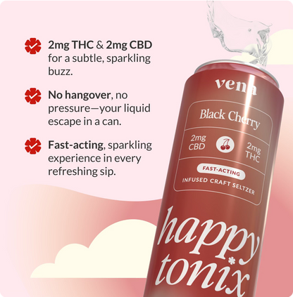 Black Cherry 'happy tonix' can — 2mg CBD, 2mg THC, FAST-ACTING infused craft seltzer; left notes: no hangover, fast-acting.