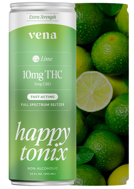 Front view of Vena Lime Happy Tonix can showing 10mg THC 5mg CBD label and branding with sliced and whole limes background