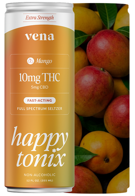 Front view of Vena Happy Tonix Mango 10mg THC 5mg CBD seltzer can showing the label and 12 fl oz marking with ripe mangoes in the background