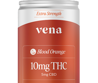 Front view of Vena Blood Orange THC seltzer can showing ‘Extra Strength’, 10mg THC and 5mg CBD on white background