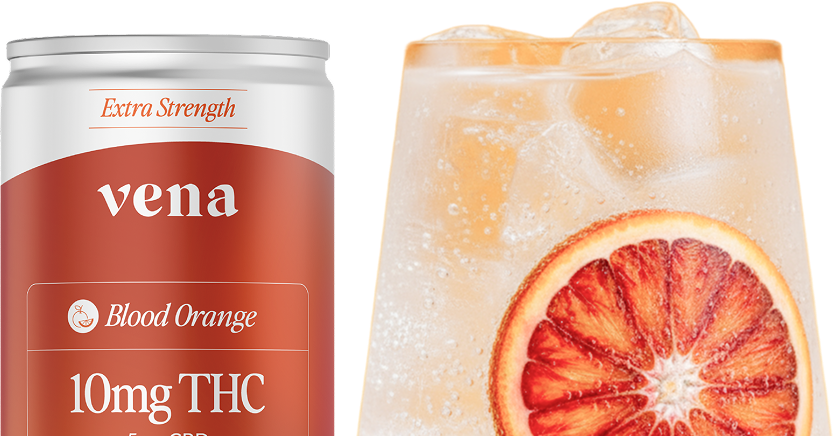 Close-up of Blood Orange THC Seltzer can showing Vena Extra Strength 10mg THC beside iced glass with blood orange slice