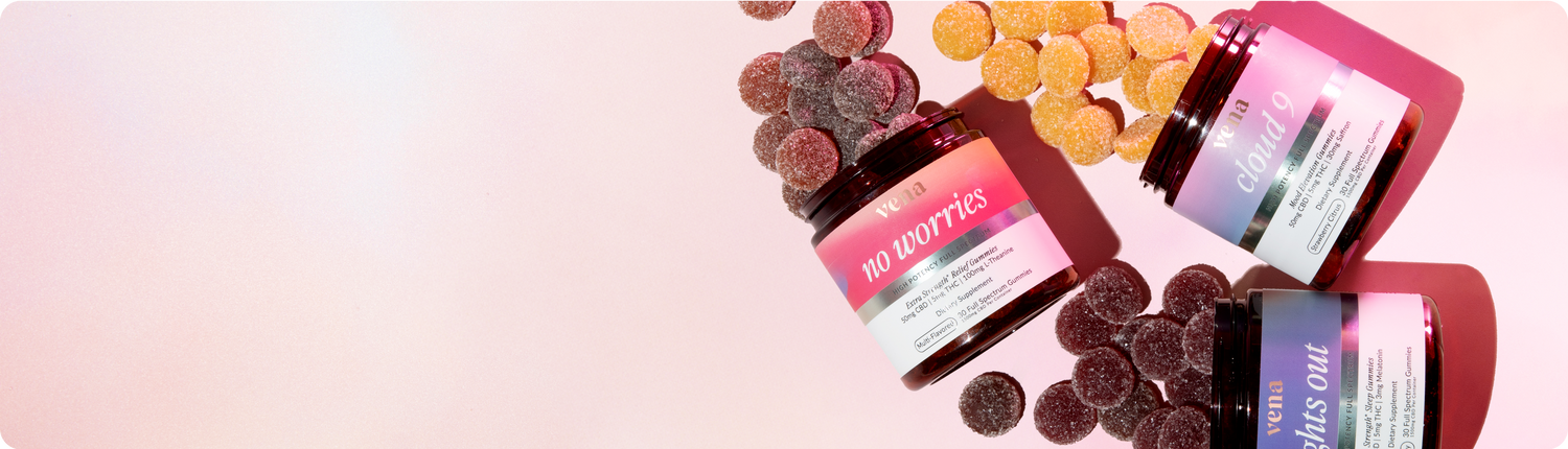 Three vena gummy jars labeled 'no worries', 'cloud 9', and 'lights out' with sugar-coated gummies spilled nearby.